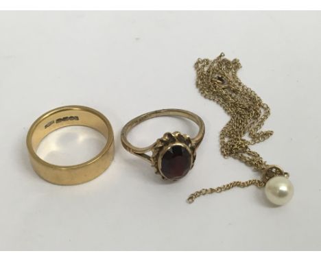 A 18 ct  gold wedding band 7 grams a necklace wi h attached pearl and a 9 ct gold ring inset with a garnet