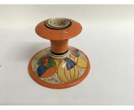 A Clarice cliff candle stick decorated in the melon pattern, no damage or restoration  7 cm