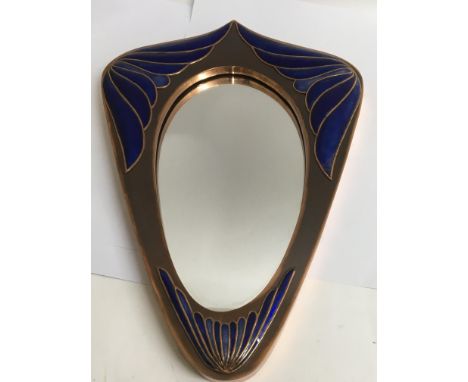 A Art Deco style mirror with copper frame and raised blue enamel 46 cm