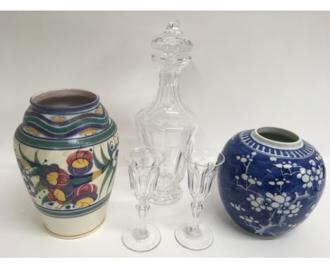 A 1940's Poole pottery vase, a decanter and two glasses and ginger jar