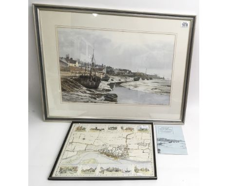 Local interest, a large framed limited edition David Hurrell print of Old Leigh, 'March Morning ', and a conforming map.Appro