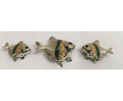 Three small silver and enamel model fish of graduating size