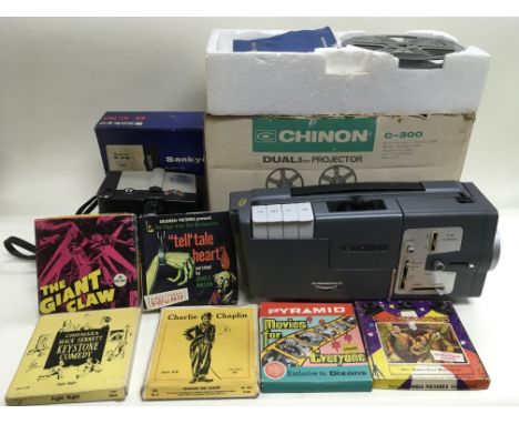 An 8mm projector and six 8mm film reels plus a Sankyo micro zoom film camera.