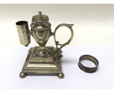 A silver plated desk wax seal burner of neo classical design and a silver napkin ring (weight approx 6.6g)