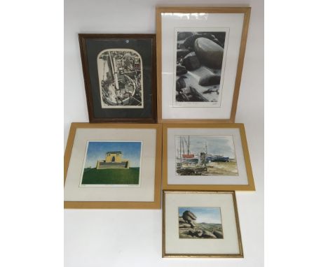 A group of five contemporary pictures comprising two original signed watercolours and three limited edition prints including 