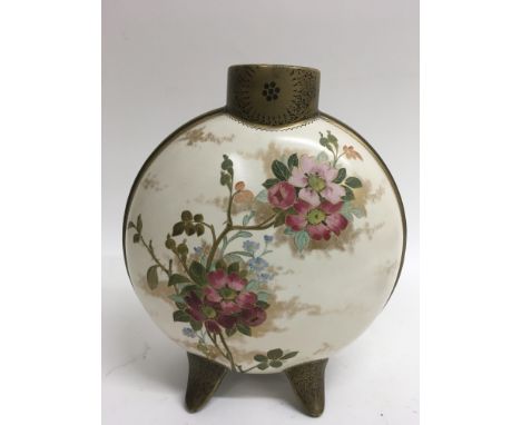 A late 19th century ceramic moon flask vase painted with blossom.Approx 30cm high