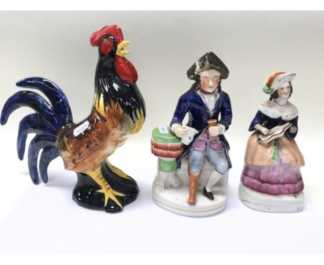 Two 19th century Staffordshire figures, a ceramic cockerel and a pair of Midwinter dishes.