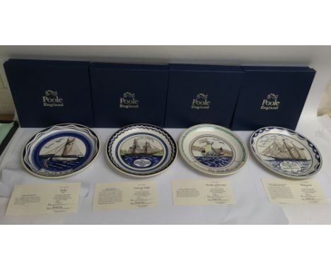 A set of four boxed Compton and Woodhouse limited edition plates, depicting Poole pottery martime designs of the saling ships