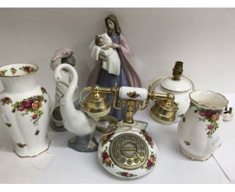 Three nao figures Royal Albert vases telephone and lamp