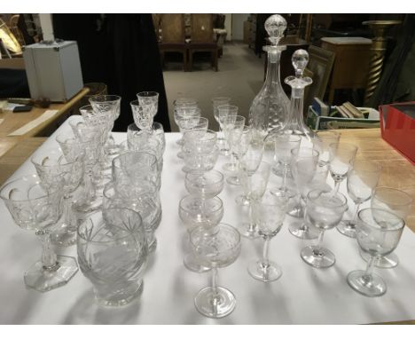 Five Goebel figures of children, a collection of drinking glasses and Royal Worcester Crown Ware Chinese style teacups