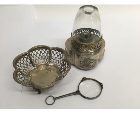A small   oriental white metal oil lamp a silver pin dish and a pair of lorgnettes