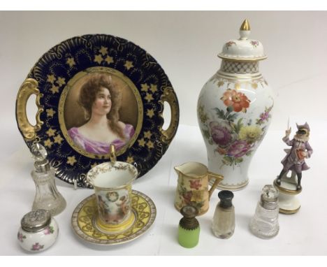A small group of  Victorian ceramics including Vienna and Worcester plus silver topped bottles, some damage