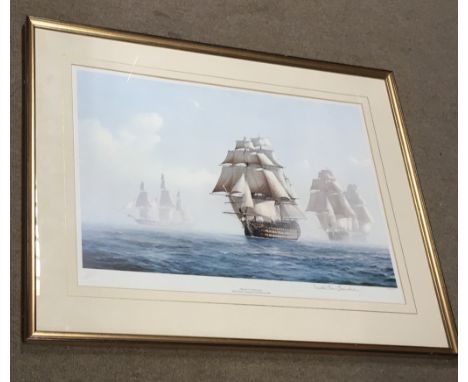 A signed, limited edition Derek Gardner print of Nelson's Victory sailing ship.Approx 66x84cm