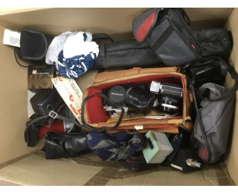 A box of cameras and a cased video camera.