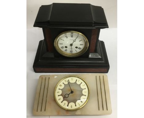 A French Brunie black slate mantle clock and a Smiths onyx example