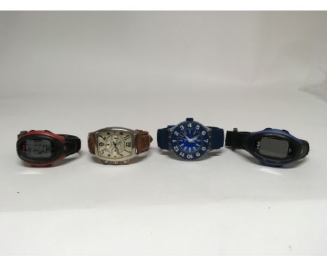 A small collection of watches to include two digital Fila sports watches, a Swatch watch and an imitation Franck Muller watch