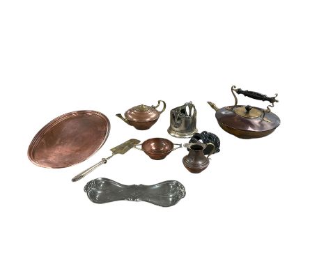 Arts and Crafts brass and copper kettle, together with a copper tray and other metal ware 