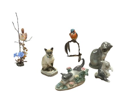 Two Lladro cat figures, comprising Cat and Mouse no 5236 and Kitty Confrontation no 1442, together with Royal Copenhagen cat 