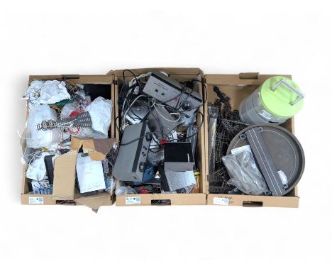 Collection of model railway control units, accessories and tools, including Lenz Digital Plus LZV100 with remote, H and M Ele