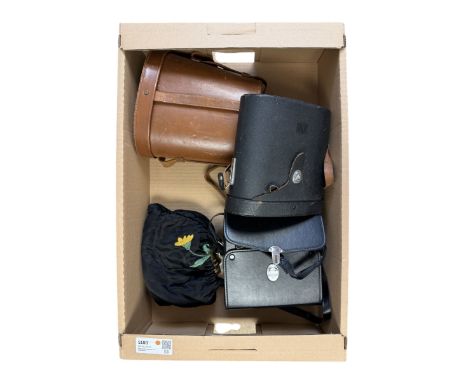 Mother of pearl triple lens 'theatre, field, marine' opera glasses and three pairs of binoculars, including Bausch & Lomb, Op
