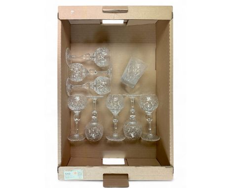 Eight crystal goblets, with hexagonal cut decoration upon a knopped stem, together with a cut crystal tumbler