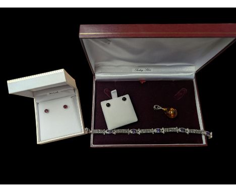 Pair of 9ct gold stone set stud earrings and silver jewellery, including Baltic amber pendant, including marcasite and amethy