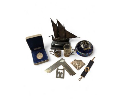 Medal ribbon with 9ct gold clips, group of silver, including large Masonic charm, Yorkshire rose pendant, model of a ship, Sc