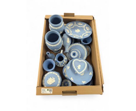 Collection of Wedgewood Jasperware, including pair of vases, heart trinket box, plates, jars, etc