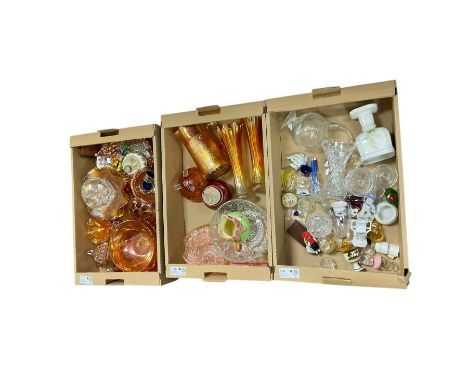 Collection of carnival glass, including jug, bowls etc, with other collectables in three boxes  