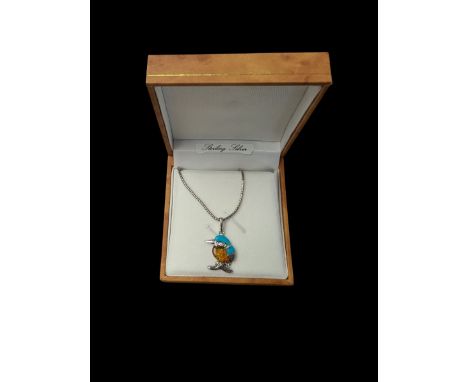 Silver turquoise and Baltic amber kingfisher pendant necklace, boxed 