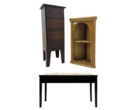 Victorian pine wall-hanging corner cupboard, shaped plinth base (W52cm, H90cm); Victorian narrow chest fitted with four drawe