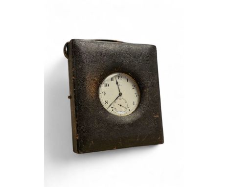 Zenith pocket watch with enamel dial inscribed Reid, in leather case/stand