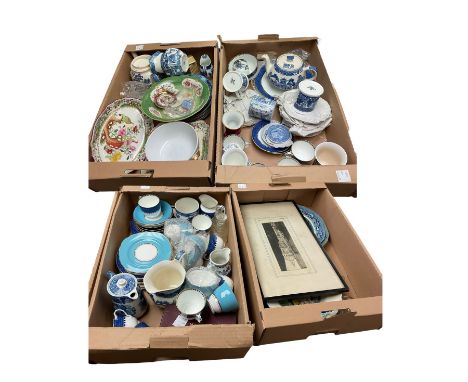 Collection of ceramics, including Spode plates, Willow Tree pattern platters etc in four boxes 