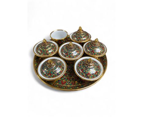 Benjarong style tea set, with six cups with lids and a similar tray