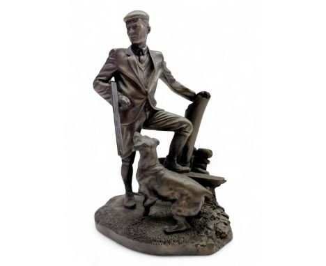 Heredities figure group 'Taking a Break', depicting man with shotgun and gun dog, in bronzed finish, H26cm