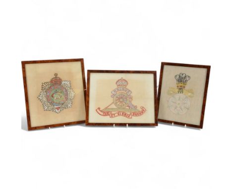 Three framed embroidered panels of military crests,  The Royal Regiment of Canadian Artillery, Army Service Corps and Yorkshi