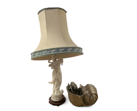 Chinese Blanc-de-chine figural table lamp with fabric shade, together with a cast shell bowl, lamp without shade, H47cm