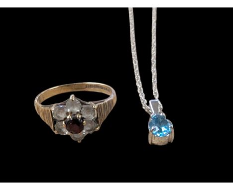 9ct white gold topaz pendant necklace, stamped 375, together with a 9ct gold paste cluster ring, hallmarked Condition Report: