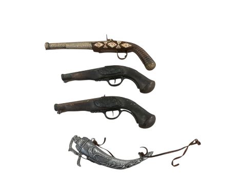 Pair of replica pistols, together with one other and a gunpower flask