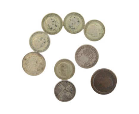George III 1797 cartwheel penny, Queen Victoria 1873 gothic florin (drilled), and approximately 82 grams of Great British pre