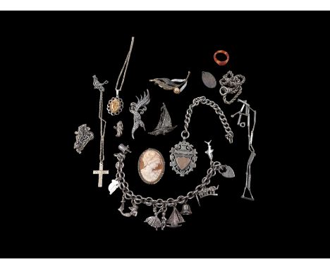 Silver jewellery, including charm bracelet, fob, cameo brooch, chains, etc and some costume jewelleryCondition Report:Weighab