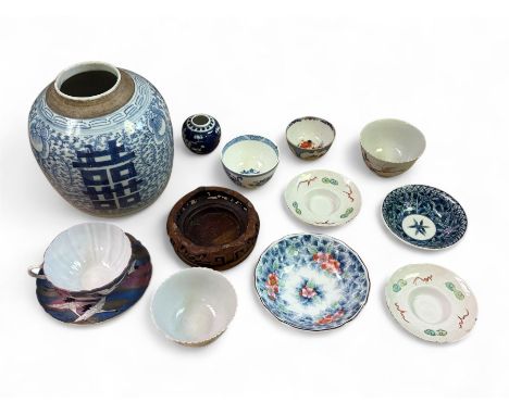 Chinese blue and white ginger jar, together with other Oriental ceramics including teacup and saucer, tea bowls, etc