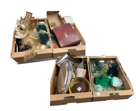 Glass jug and matching glasses, together with metal ware and other collectables in four boxes 