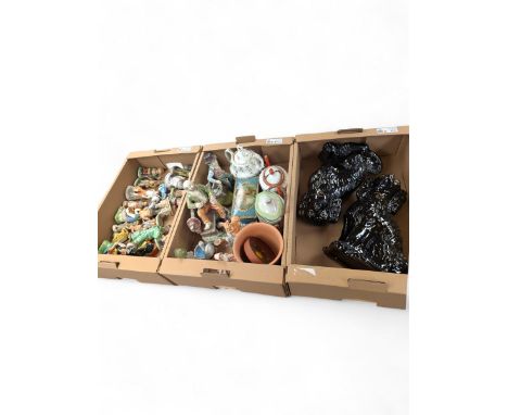 Pair of Staffordshire style dogs, small Sylvac dog, Hornsea ashtray, continental figures and other ceramics, in three boxes