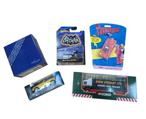 Five diecast models, including Carlton Thunderbirds Fab I, Corgi Eddi Stobart Scania Short Wheelbase Lorry, Corgi Royal Mail 