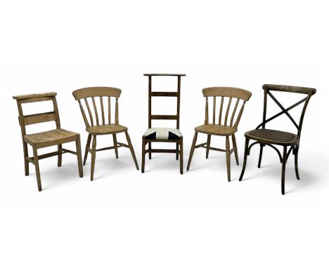 Late 20th century ladder-back chair with recessed Bible storage; pair of spindle back farmhouse chairs; cross-back bistro cha
