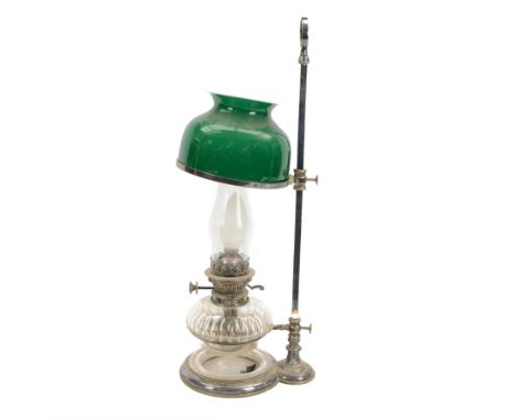 20th century Hinks student's oil lamp, silvered brass stand with faceted glass resovoir and green glass shade, H65cm