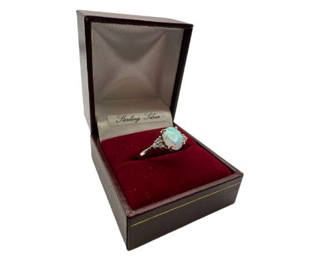 Silver cubic zirconia and opal cluster ring, stamped 925, boxed