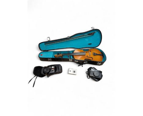 Lark violin and bow in case, together with three cameras including Minolta Hi-Matic G2, Casio Exilim and a  Samsung AF Zoom 1