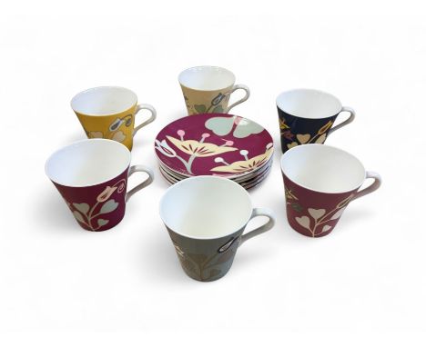 Set of Six Cacharel Fairy Garden pattern cups and saucers, cups H9cm